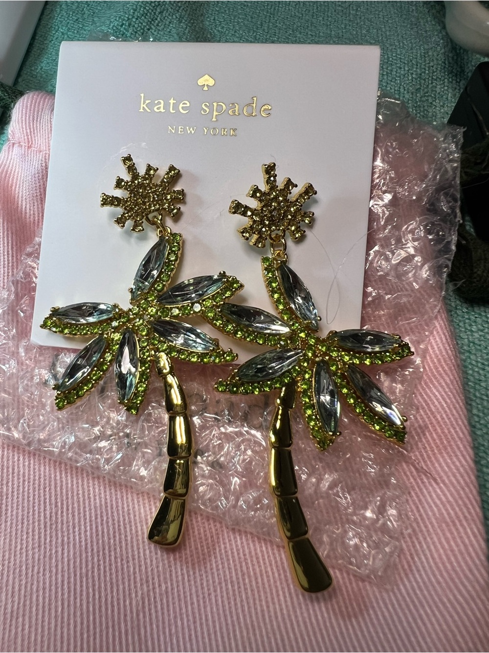 NEW kate spade Palm Tree Crystal Drop Earrings - Green & Gold